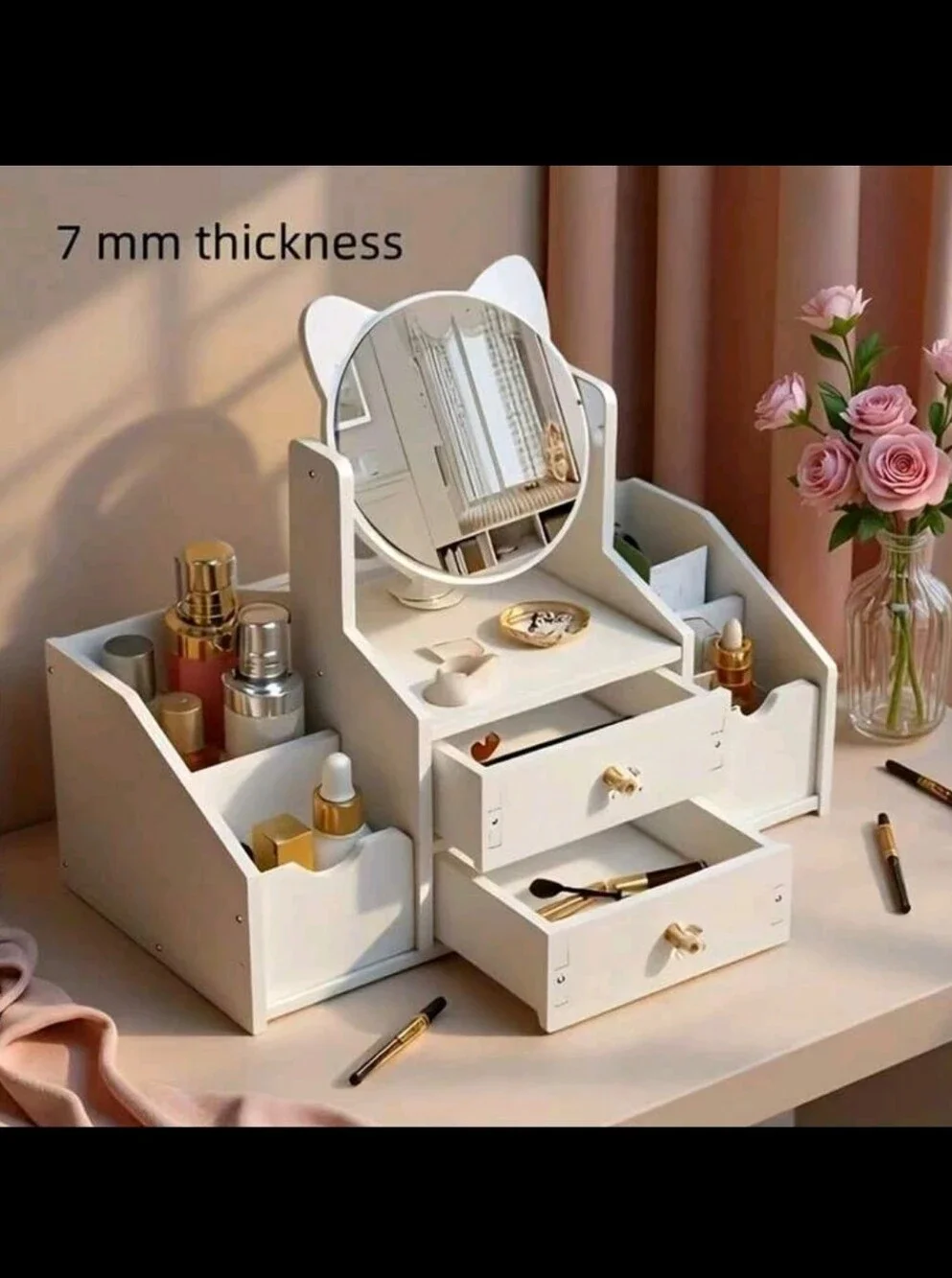 White Wooden Makeup Organizer with Mirror - Compact Vanity Storage